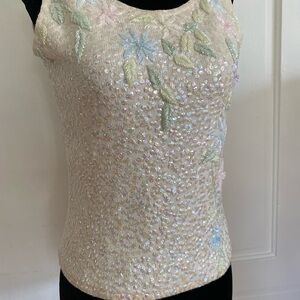 Vintage HBC Made In Hong Kong Pastel Sequin & Beaded Pastel Wool Cream Top.